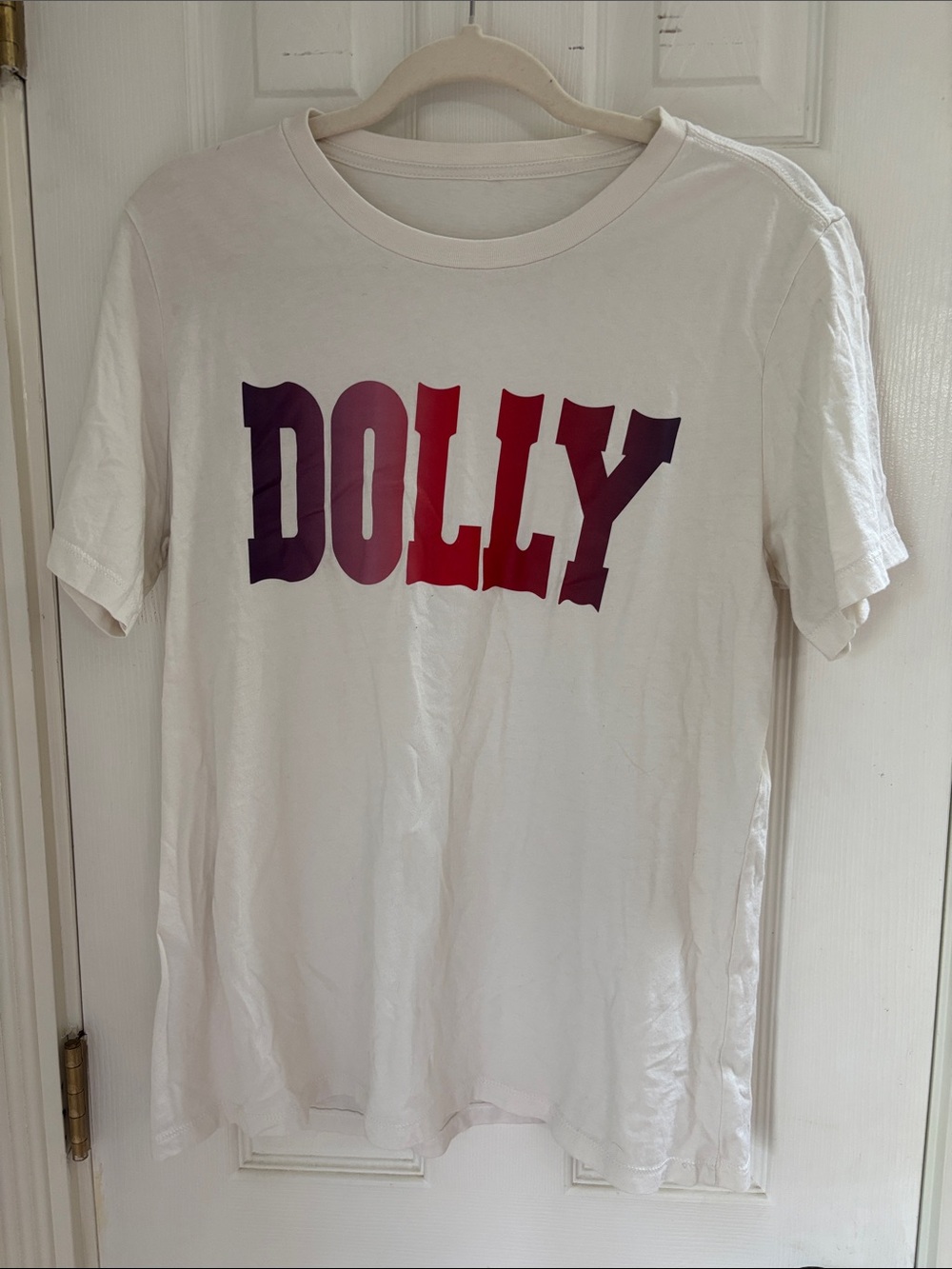 Space 46 Boutique Cotton White Tee with Purple-Pink-to-Red DOLLY Logo USA made